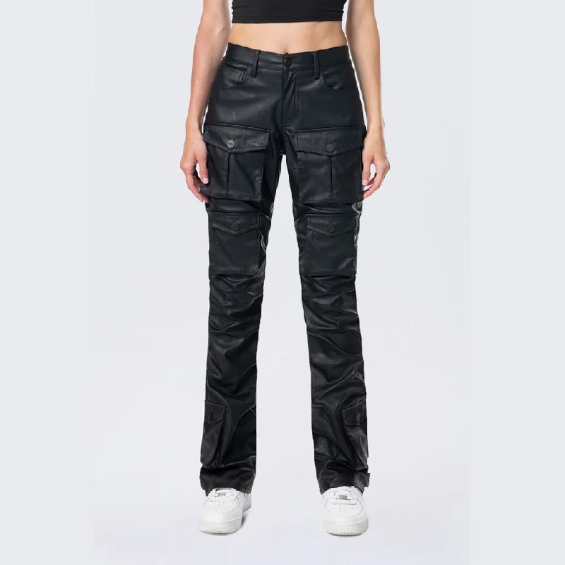 High Rise Stacked Bootcut Utility Vegan Leather Pants - Black