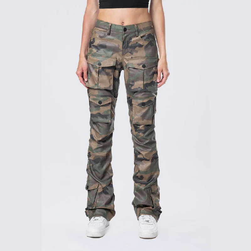 High Rise Stacked Bootcut Utility Vegan Leather Pants - Wood Camo