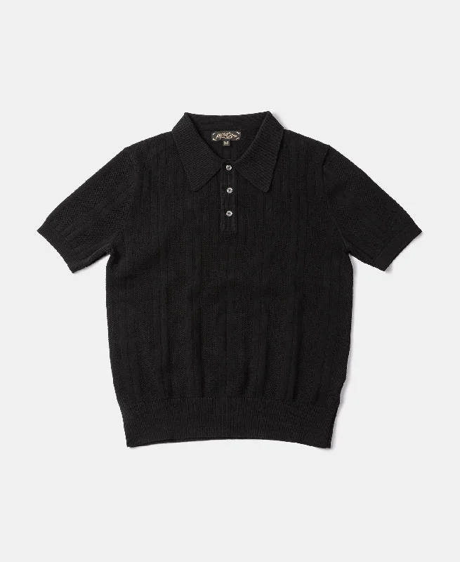 Retro Knitted Jacquard Polo Shirt - Black