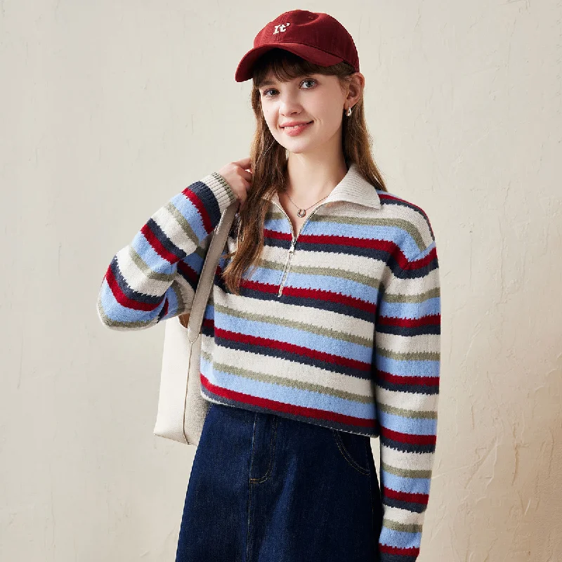 100% Wool Striped Cozy Knit Half-Zip Sweater