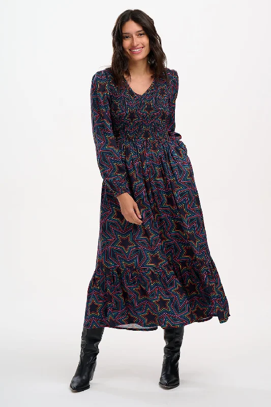 Amberly Shirred Midi Dress (Black, Rainbow Star Explosion)