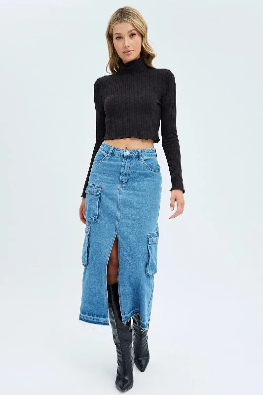 Blue Denim Maxi Skirt Cargo