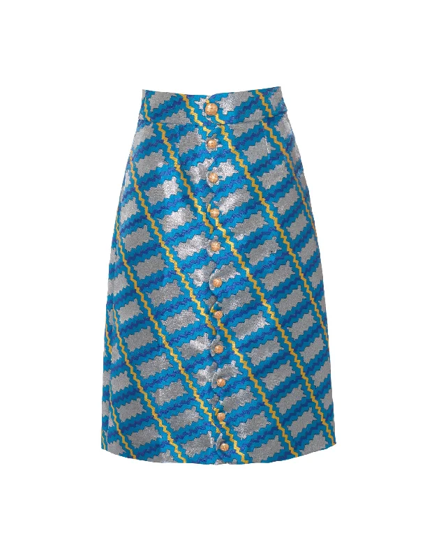 Frankie Blue Trench Print Silk Jacquard Midi Skirt