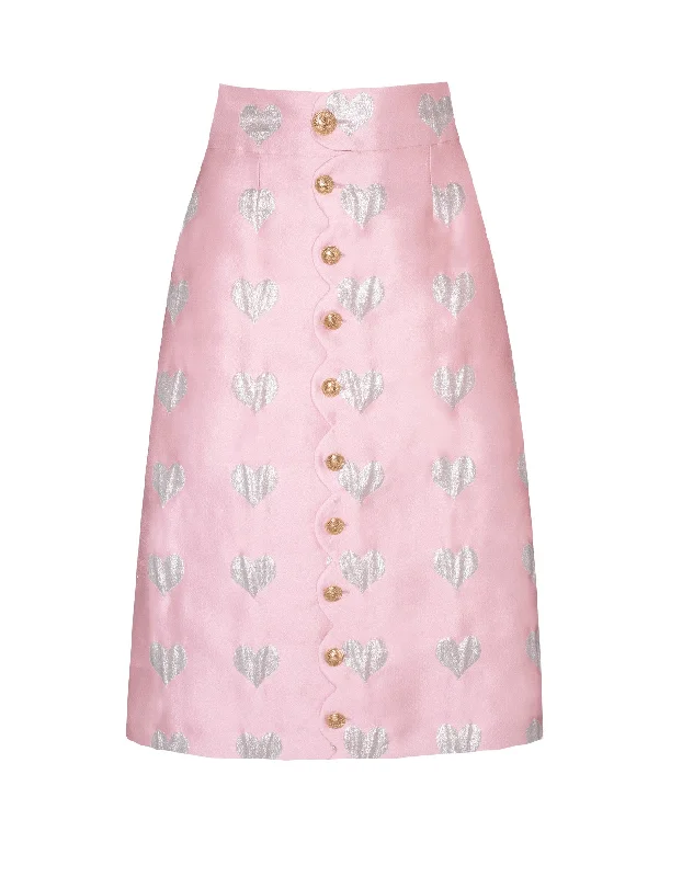 Frankie Pink Heart Print Silk Jacquard Skirt