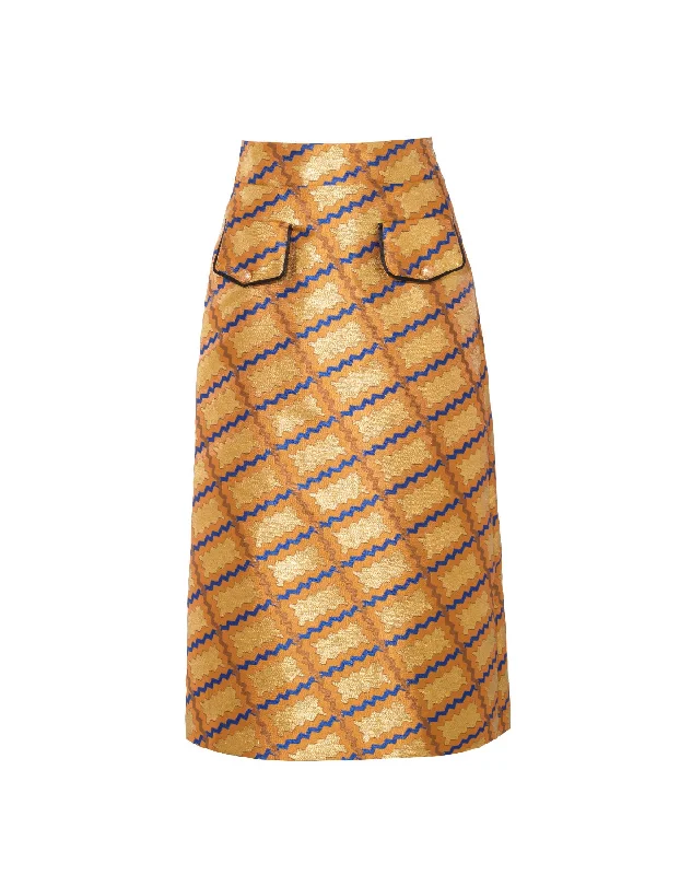 Iona Gold Trench Print Silk Jacquard Midi Skirt