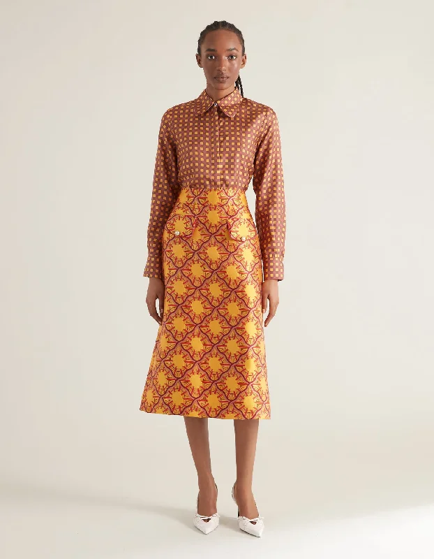 Iona Orange Portrait Print Silk Jacquard Skirt