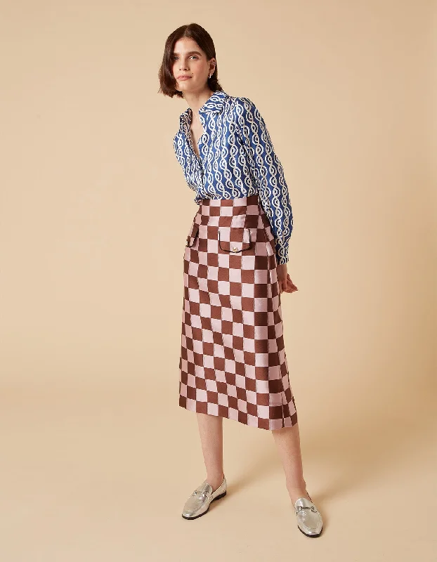 Iona Pink Brown Puzzle Print Silk Jacquard Midi Skirt