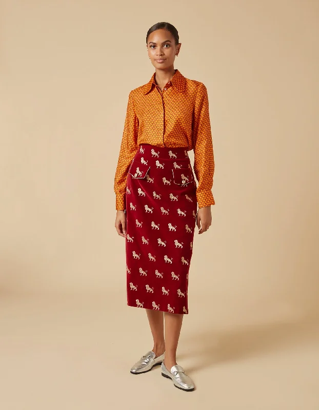 Iona Gold Lion Print Velvet Midi Skirt