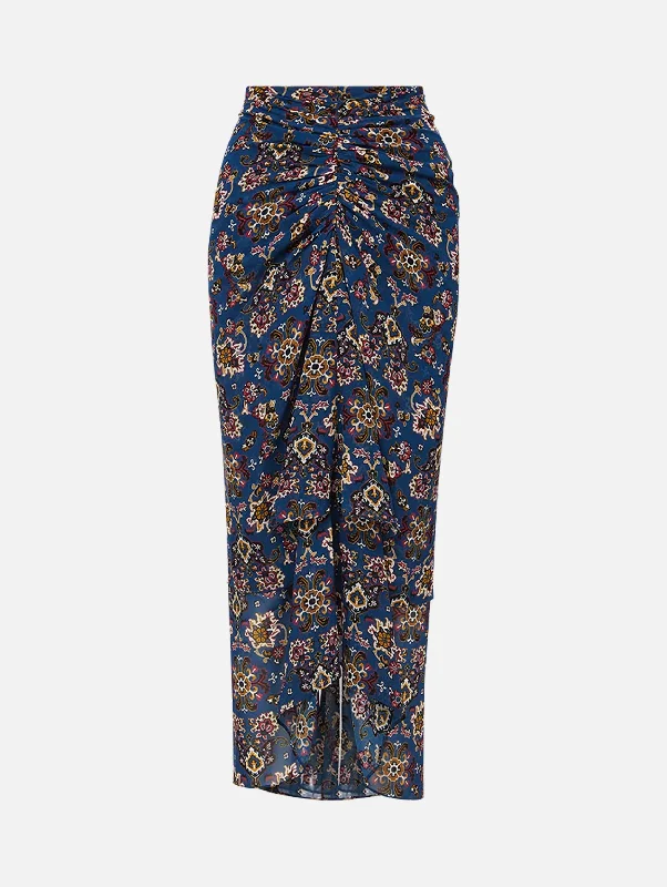 Sira Ruched Silk Skirt in Blue Stone