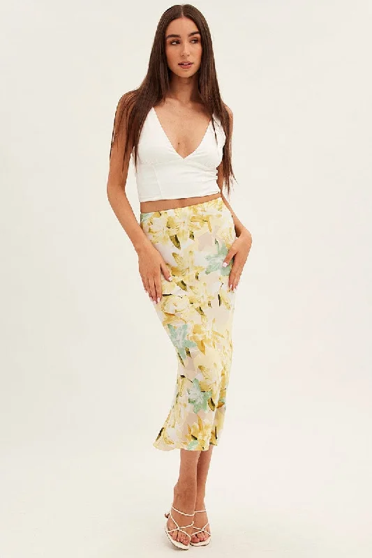 Yellow Floral Midi Skirt Slip Floral Print