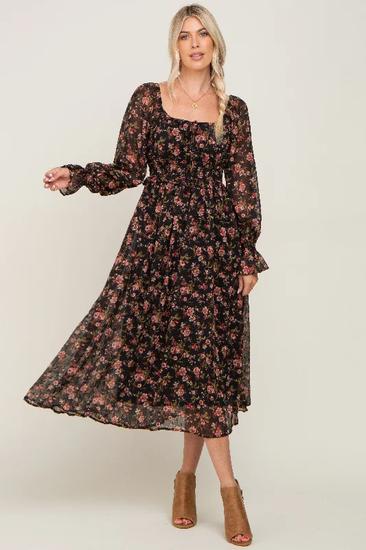 Black Floral Chiffon Smocked Waist Midi Dress