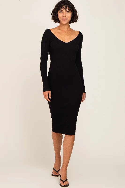 Black Knit Ribbed Midi Dress