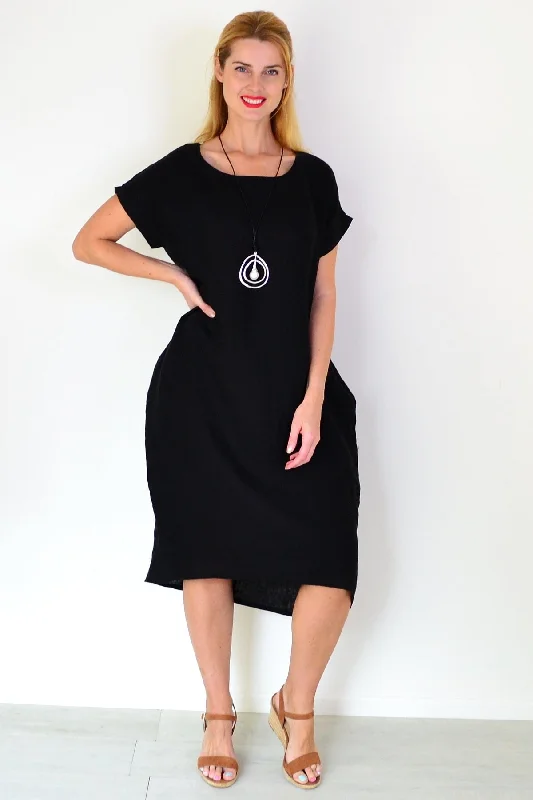 Black Short Sleeve Side Pockets Linen Dress