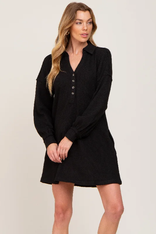 Black Waffle Knit Collared Long Sleeve Dress