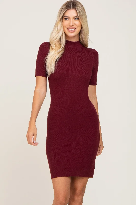 Burgundy Ribbed Mock Neck Dress