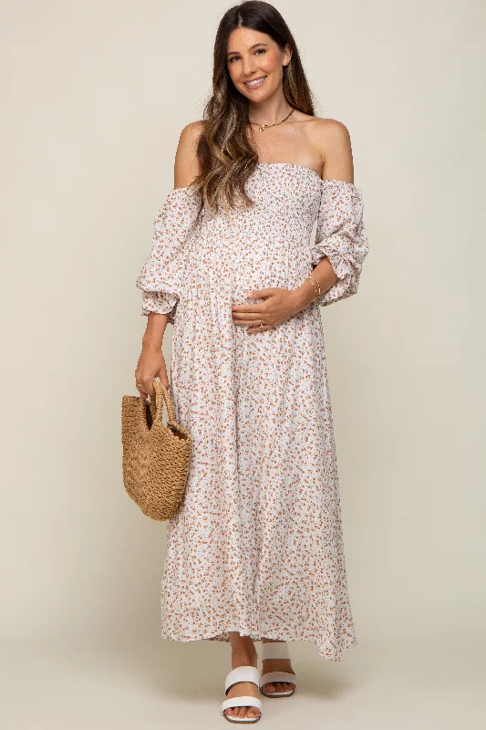 Cream Floral Square Neck Smocked Long Sleeve Maternity Maxi Dress