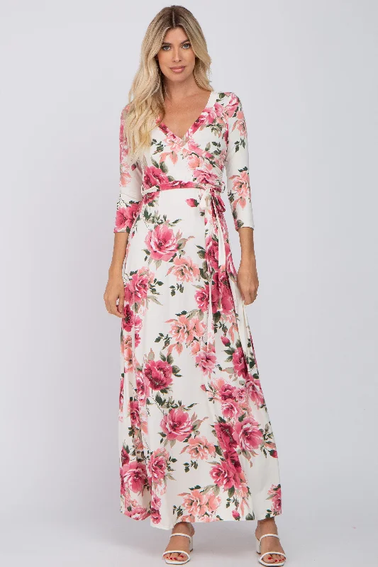 Cream Floral Wrap Maxi Dress