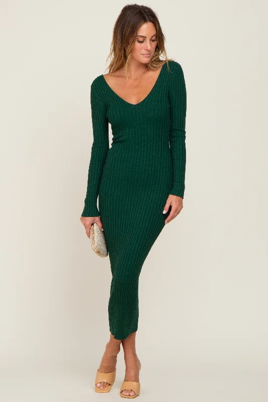 Forest Green V-Neck Long Sleeve Fitted Maxi Dress