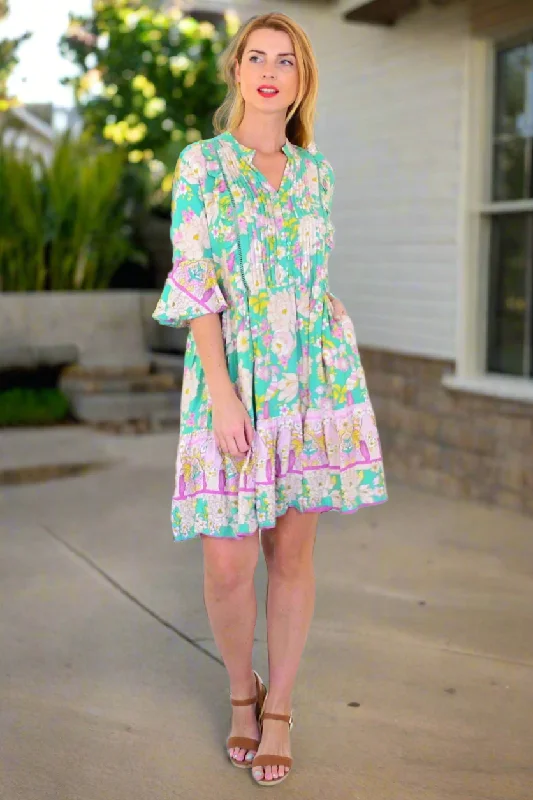 Green Floral Print Bohemian Dress