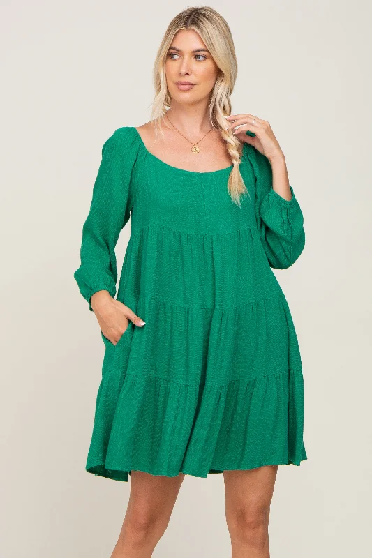 Green Tiered Long Sleeve Plus Dress