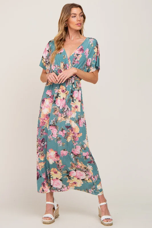 Jade Floral Wrap Front Waist Tie Maxi Dress