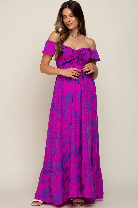 Magenta Floral Smocked Cinched Top Maternity Maxi Dress