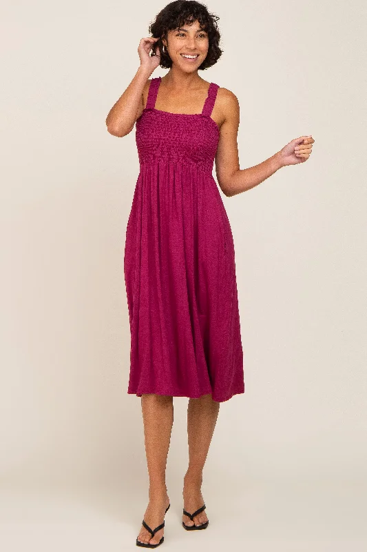 Magenta Smocked Ruffle Strap Midi Dress