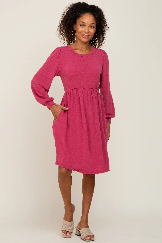 Magenta Terry Knit Long Sleeve Dress