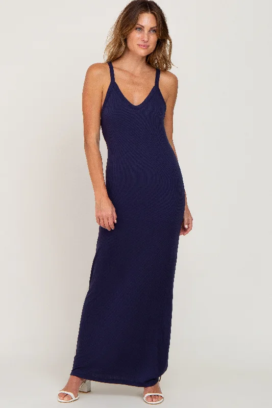 Navy Ribbed Basic Maxi Dress