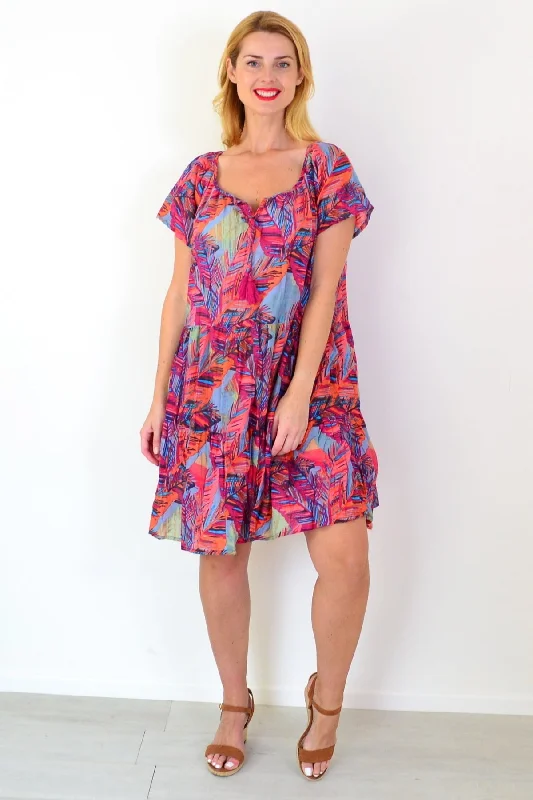 Poppy Palm Leaves Cap Sleeve Dress