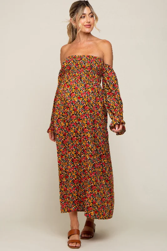 Red Floral Long Sleeve Maternity Maxi Dress