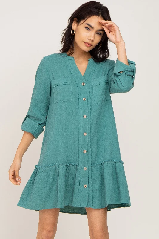 Sage Button Down Long Sleeve Ruffle Hem Dress