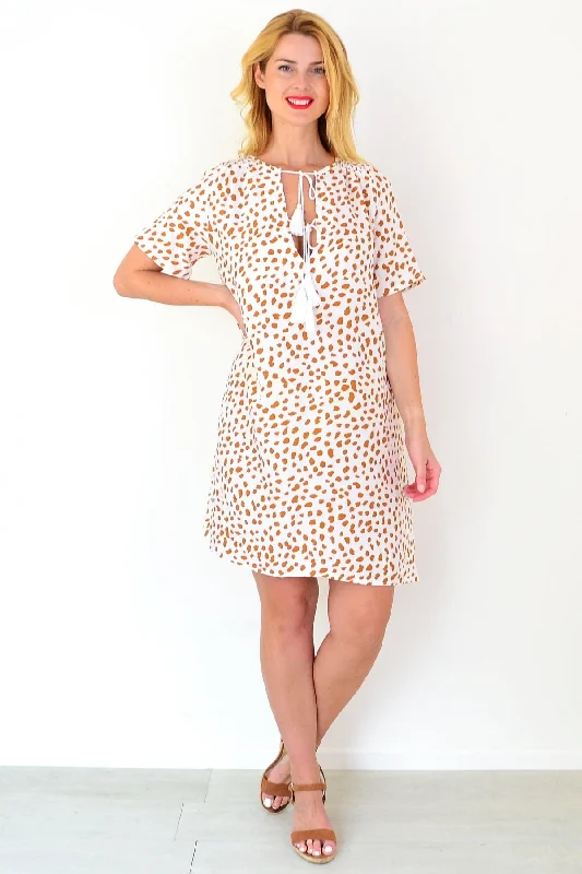 Tan Spot Tie Up Neck Tunic Dress