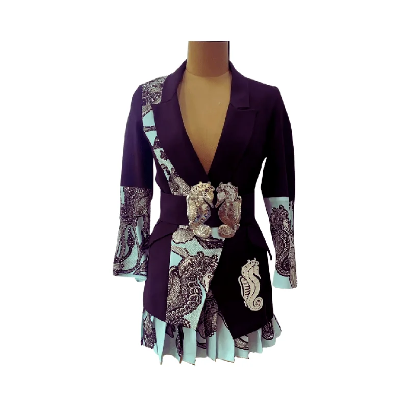 Black Blue Seahorse Blazer Skirt Set