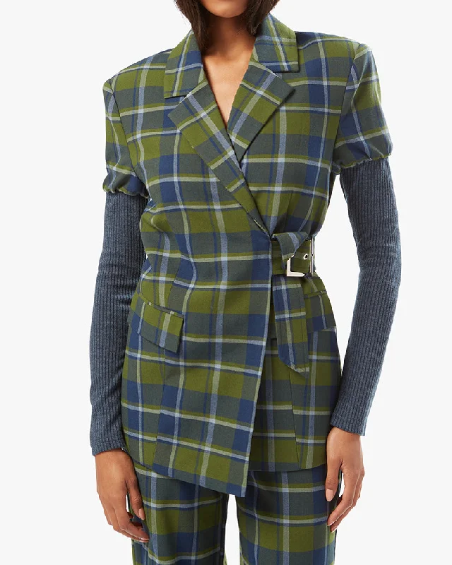 Rib Sleeve Classic Plaid Blazer