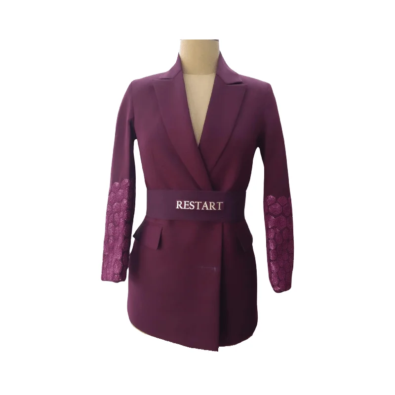 Wine Embroidered Blazer with Belt