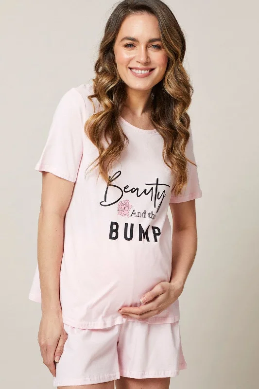 Pink Maternity Slogan Pyjama Set