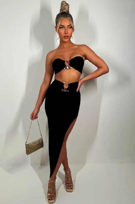 Black Maxi Skirt And Bandeau Top With Gold Buckle Set