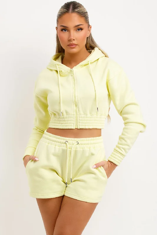 Crop Zip Hoodie And Shorts Tracksuit Set Lemon