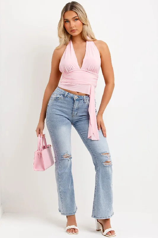 Halter Neck Backless Drape Top Pink