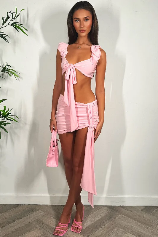 Skirt And Ruched Knot Front Bikini Top Set Baby Pink