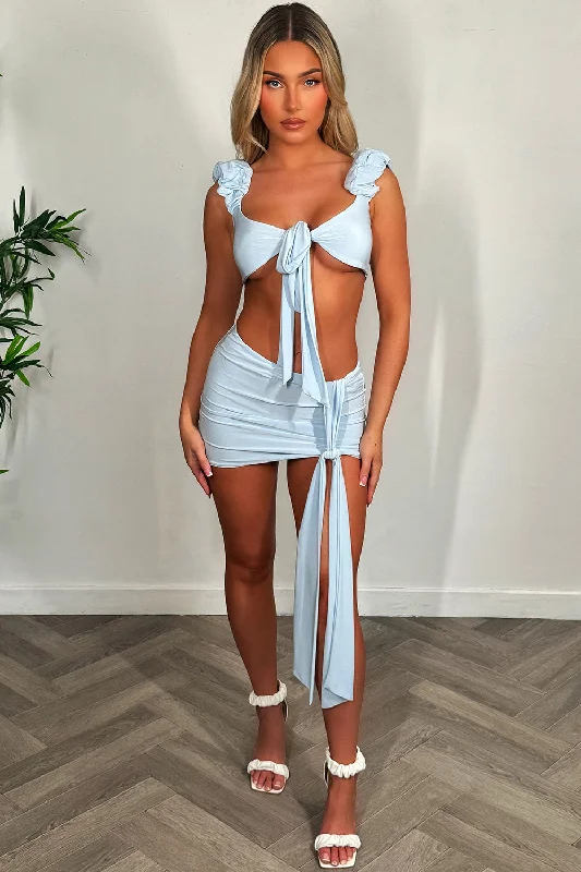 Skirt And Ruched Knot Front Bikini Top Set Sky Blue