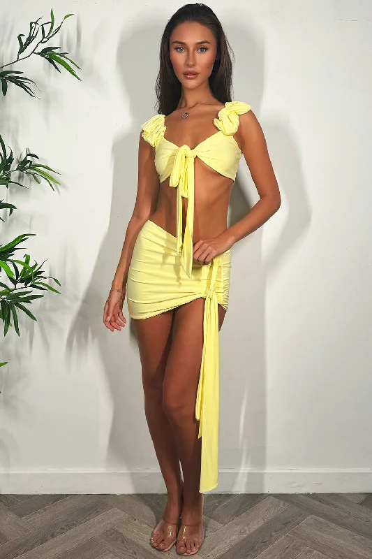 Skirt And Ruched Knot Front Bikini Top Set Yellow