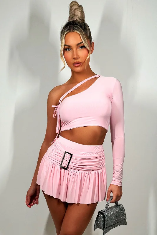 Skort And One Shoulder Crop Top Set Pink