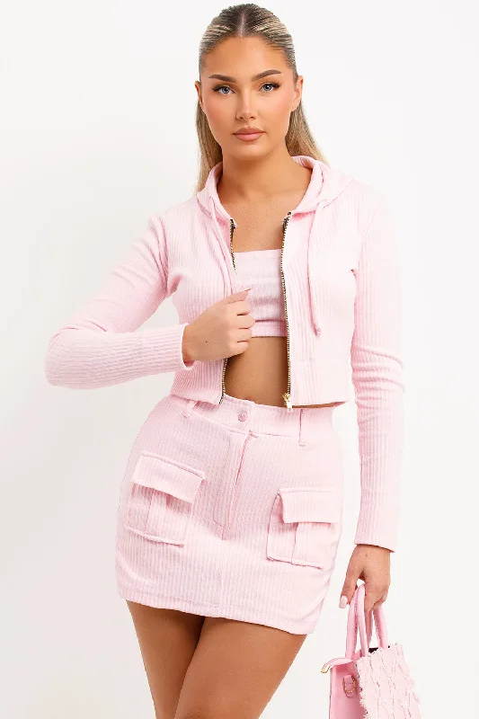 Skort Crop Hoodie And Bandeau Top Three Piece Set Pink